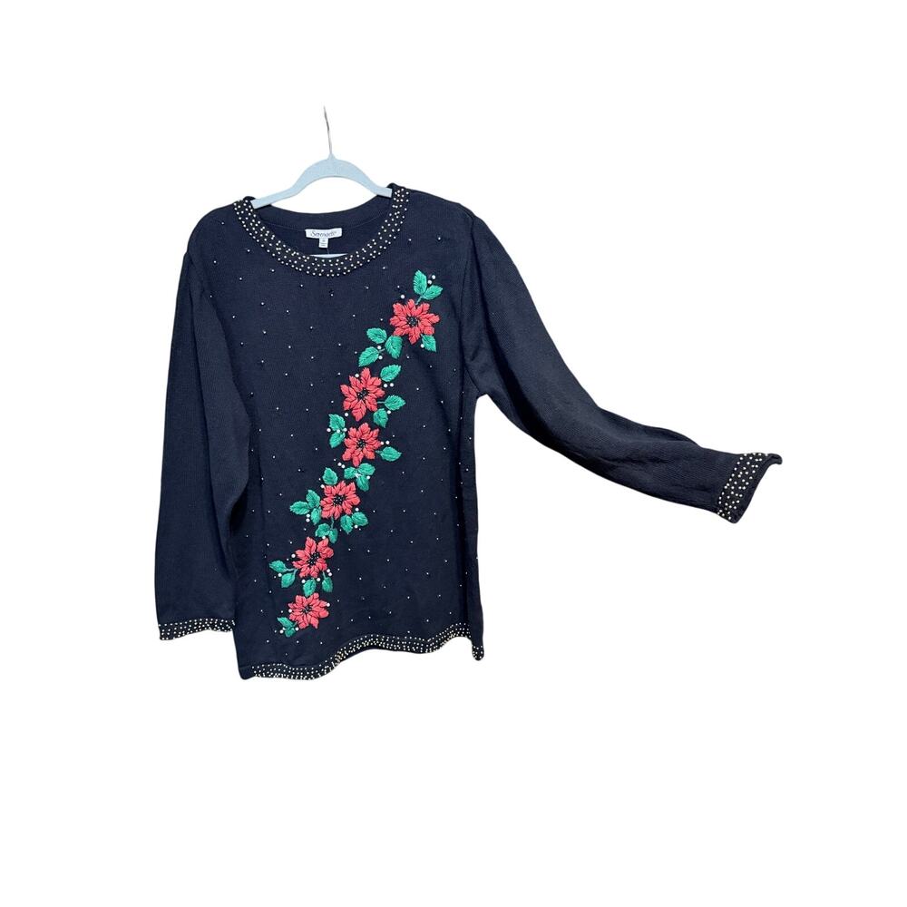 Vintage Serengeti black plus size Christmas holiday sweater 1X poinsettia party